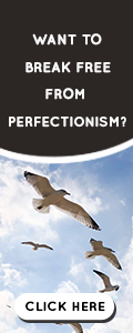 Break free from perfectionism banner, with birds flying and sky background
