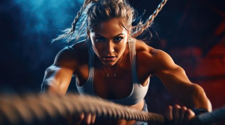 Woman playing battle rope at the gym