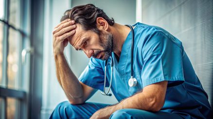 Depressed doctor in scrubs with a pained expression, showing signs of stress and exhaustion