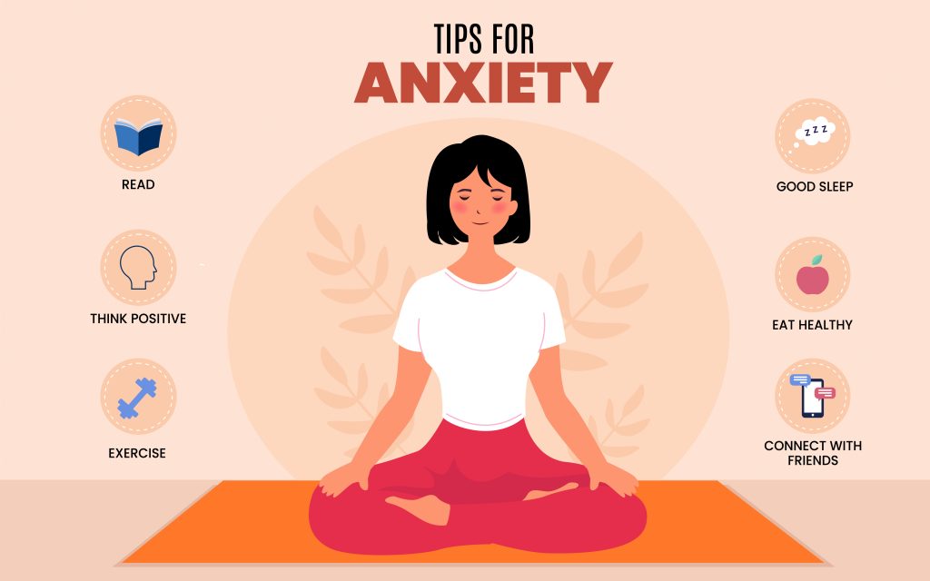 Woman sitting in yoga pose with tips for anxiety around her